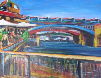 Painting of Founder's Arms pub on bank of River Thames